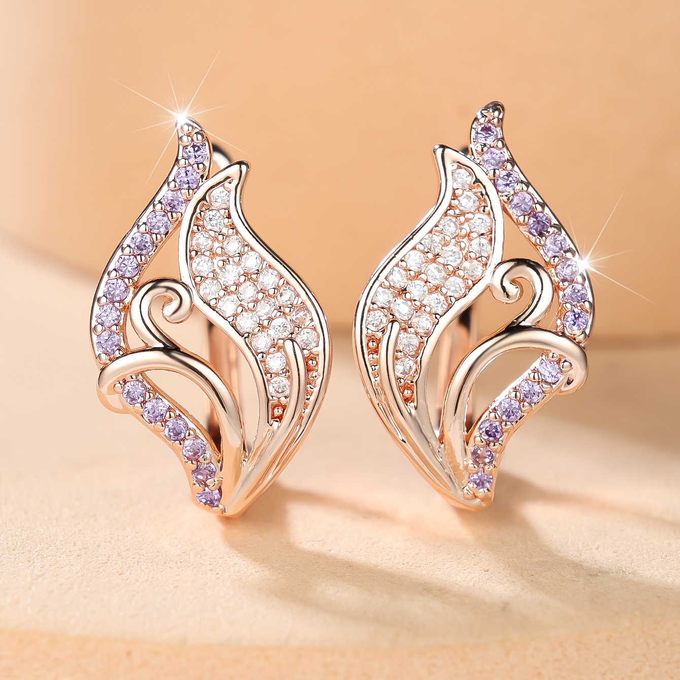 Women's Two-Tone Cubic Zirconia Hollow Flame Scroll Ear Cuffs